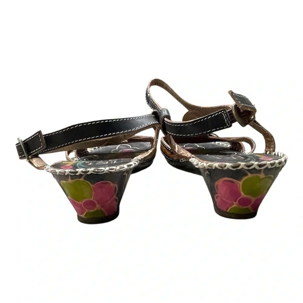 L’Artiste Spring Step Floral Leather Wedge Sandals Black | Size EU 37 US 6.5-7